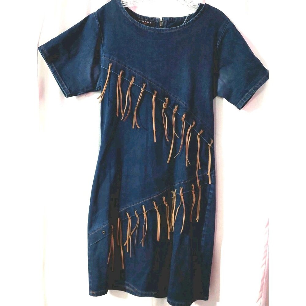 Starwear Jeans Denim Dress Size Medium Fringe Leather Accents Vintage READ